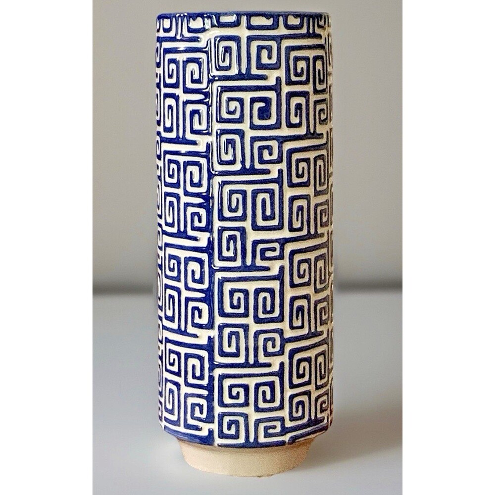 Blue White Greek Key Ceramic Vase 10" Chinoiserie Grandmillennial